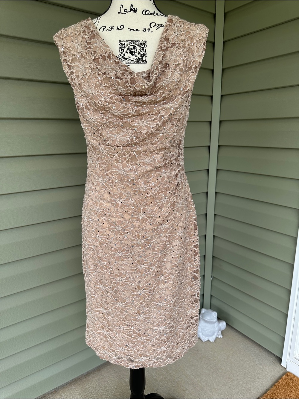 connected apparel Taupe Lace sparkly Cowl Neck Sheath Dress size 10 stretchy - Picture 3 of 13